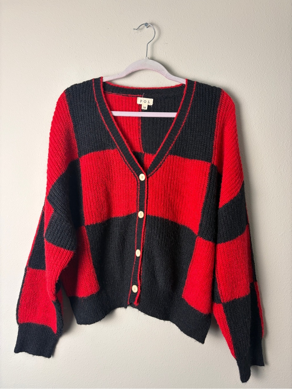 POL Red and Black Checkered Cardigan Sweater Size M